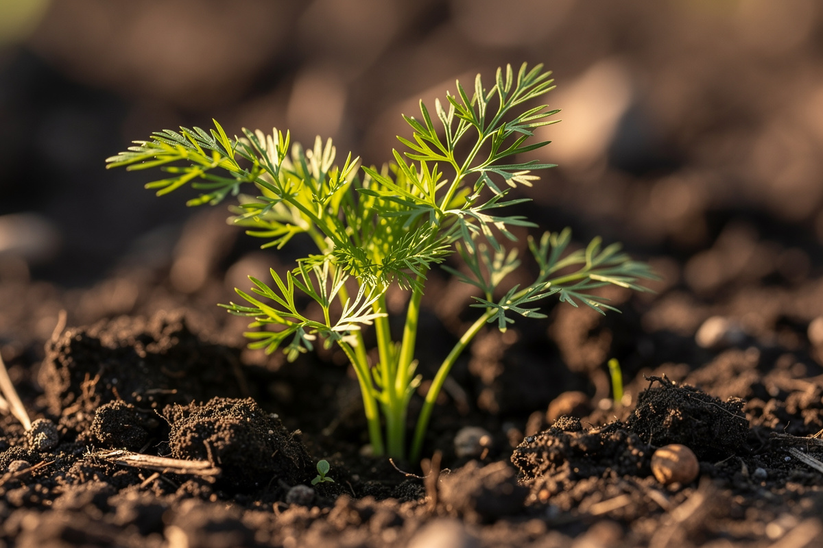 Young dill seedlings emerging from prepared garden soil with delicate feathery green foliage in early spring sunlight