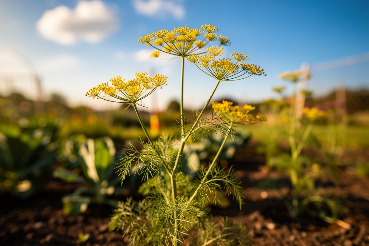 Mature dill plant in flower with yellow umbrella-shaped flower heads catching afternoon sunlight in a vegetable garden
