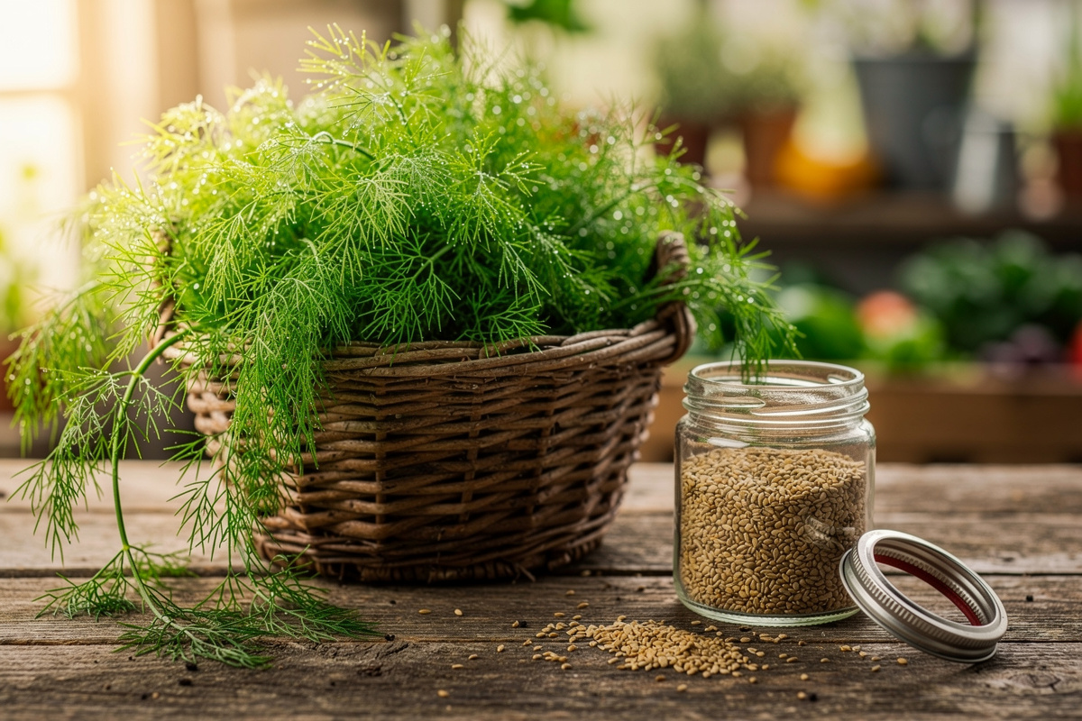 Freshly harvested dill weed in a wicker basket on a wooden garden table next to a glass jar of dried dill seeds
