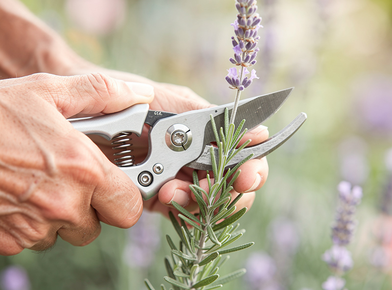 Pruning lavender stems with bypass pruners showing proper cutting technique above woody base