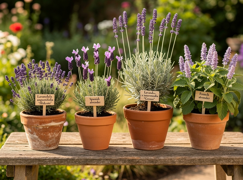 Four different lavender varieties compared in terracotta pots showing color and growth differences