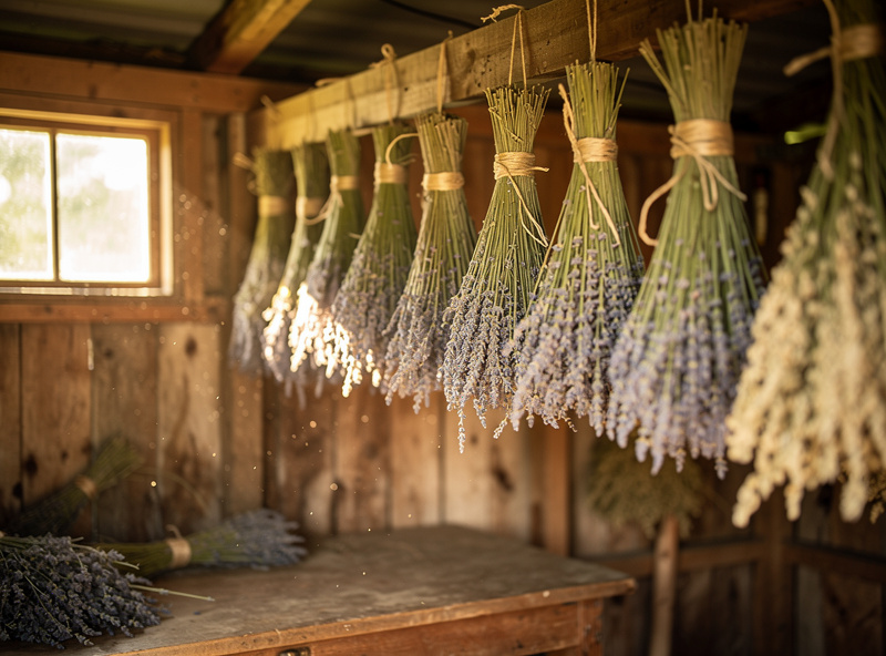 Freshly harvested lavender bundles tied with twine hanging upside down to dry in garden shed