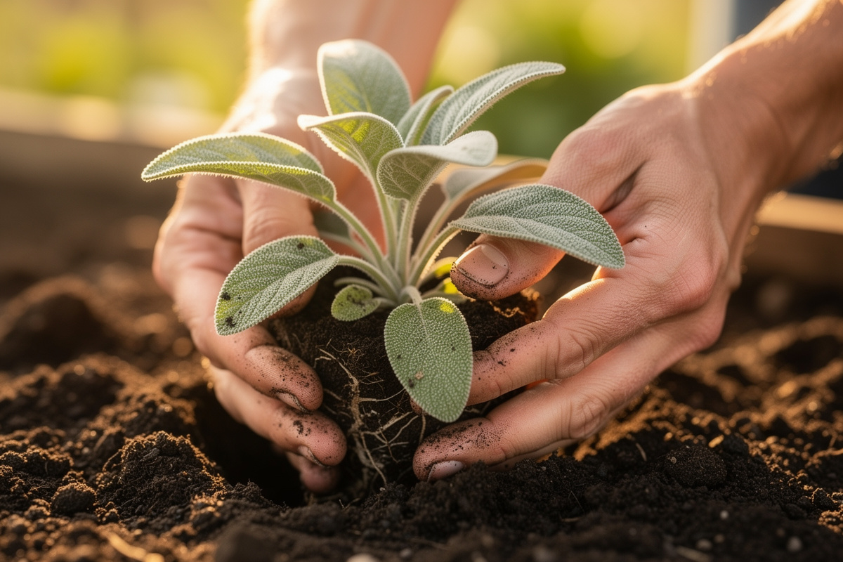 Young sage plant transplant being placed into prepared garden soil with silvery-green velvety leaves visible in spring sunlight