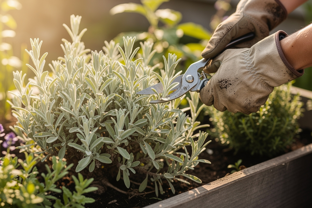 Mature sage plant with woody base and silver-green leaves being pruned with garden snips in late spring