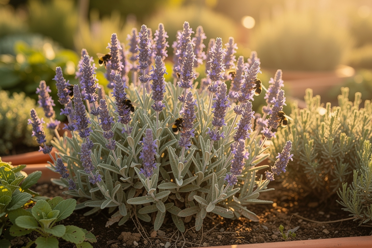 Established mature sage plant in flower with purple-blue spikes attracting pollinators in a summer herb garden bed