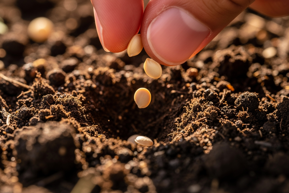 Three tomato seeds being dropped into a shallow planting hole in warm dark garden soil with fingers visible