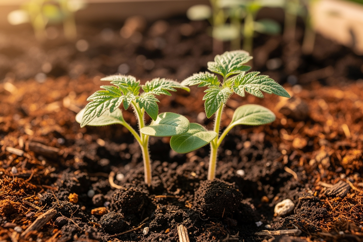 Two-week-old tomato seedlings with cotyledon leaves and first true leaves emerging in a sunny garden bed