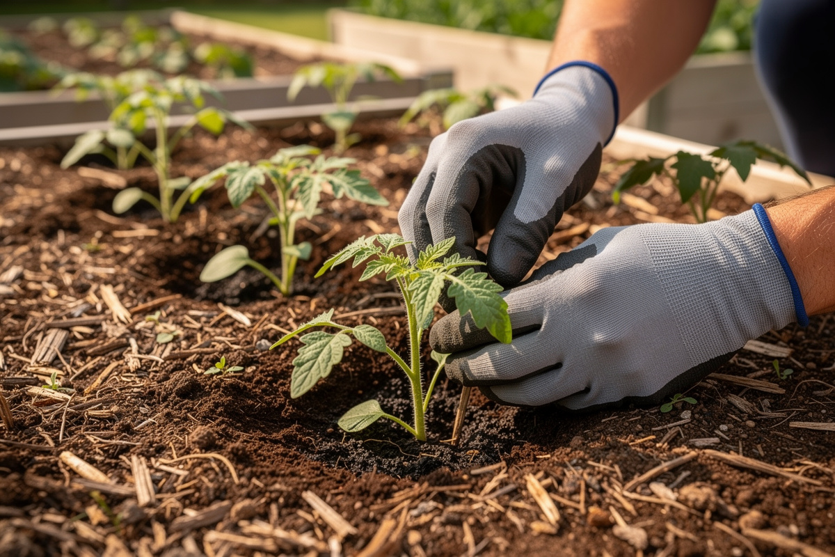 Garden bed with thinning of young tomato seedlings being performed, weaker seedlings being removed