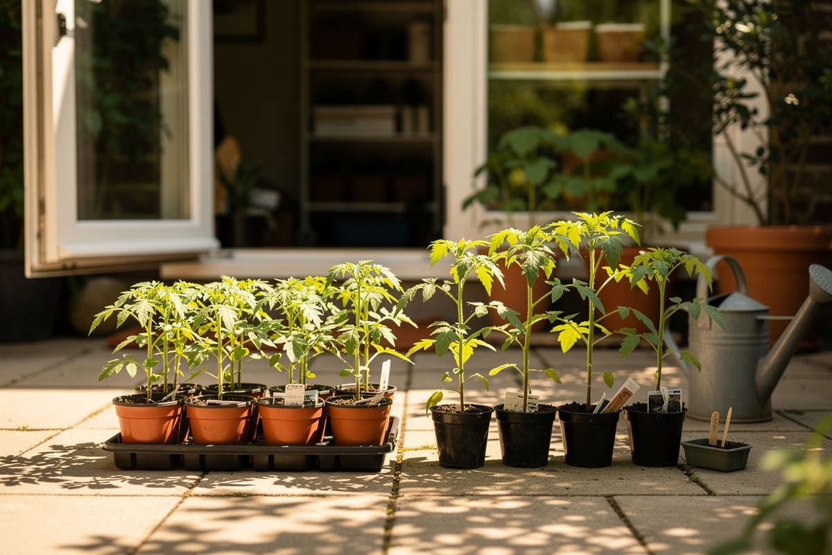 Tomato seedlings in pots being hardened off on a patio in dappled sunlight before final transplanting