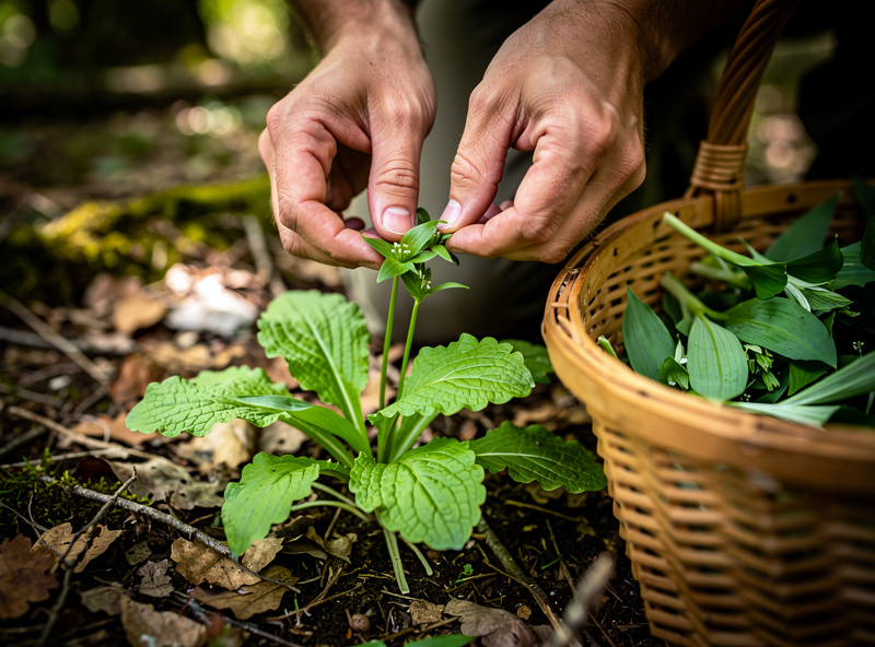 Forager hands picking fresh hedge garlic leaves from woodland floor showing kidney-shaped scalloped leaves