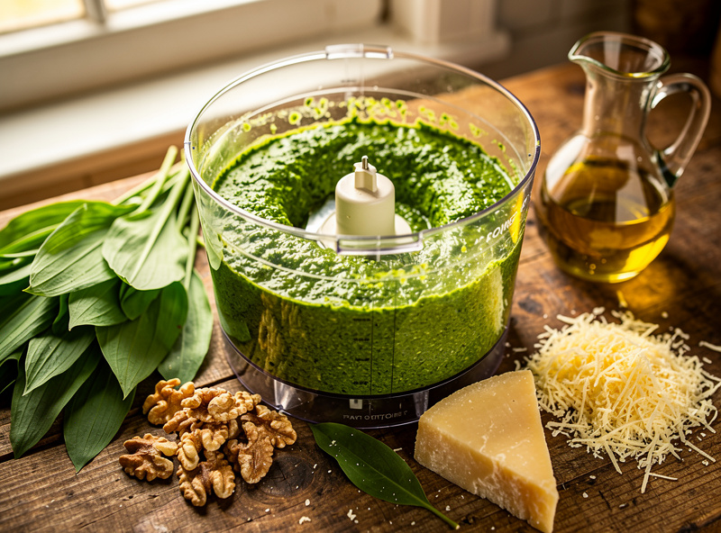 Fresh hedge garlic pesto being made with leaves walnuts parmesan and olive oil on kitchen counter