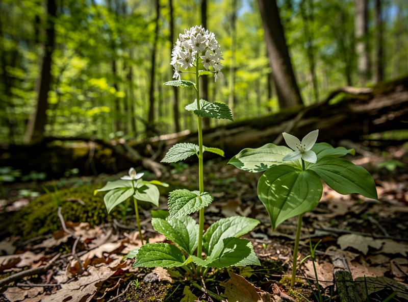 Hedge garlic flowering in woodland habitat alongside native wildflowers showing invasive species context