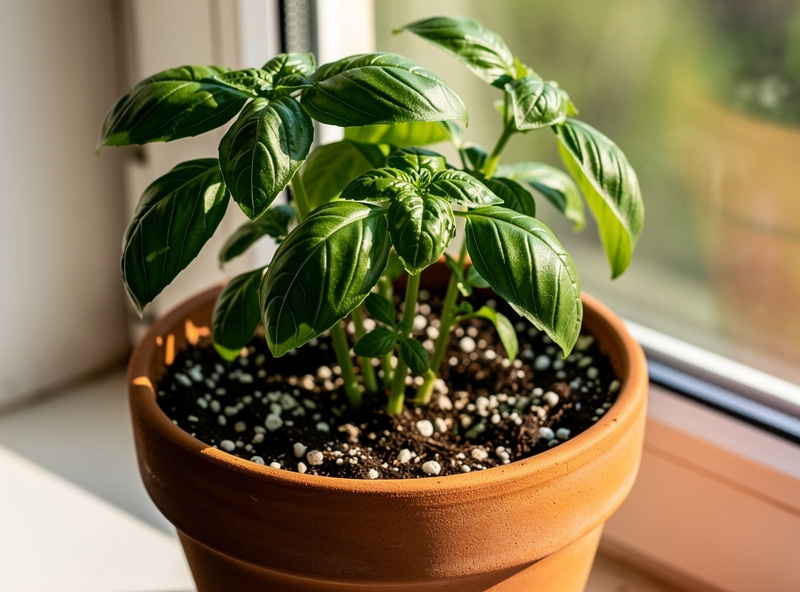 Fresh basil in terracotta pot with well-draining soil
