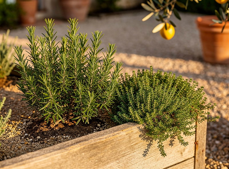 Rosemary and thyme in raised bed with sandy soil