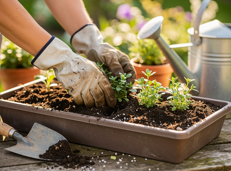 Planting herb seedlings with lightweight potting mix