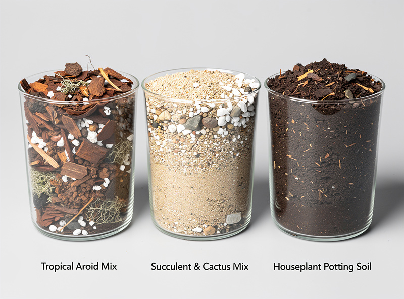 Three soil mixes in containers showing tropical, succulent, and standard houseplant soil