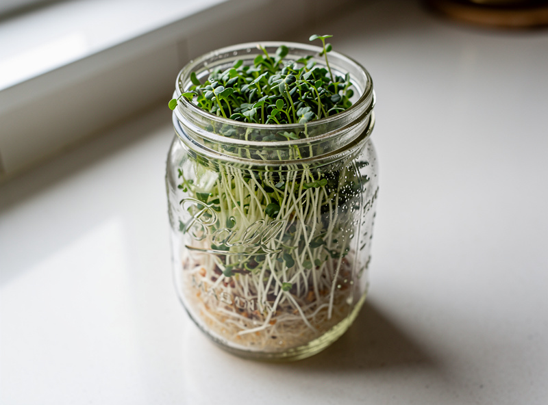 Fresh alfalfa sprouts in a clear glass mason jar, delicate white and green sprouts on clean kitchen counter