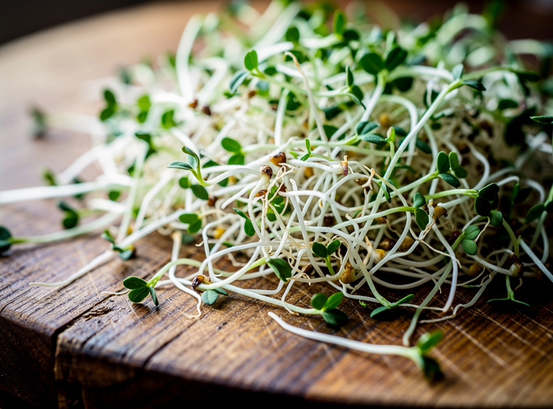 Delicate alfalfa sprouts on wooden cutting board, close-up showing fine white roots and tiny green leaves