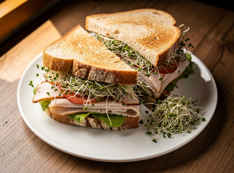 Fresh alfalfa sprouts on a turkey sandwich, thin delicate sprouts between bread slices