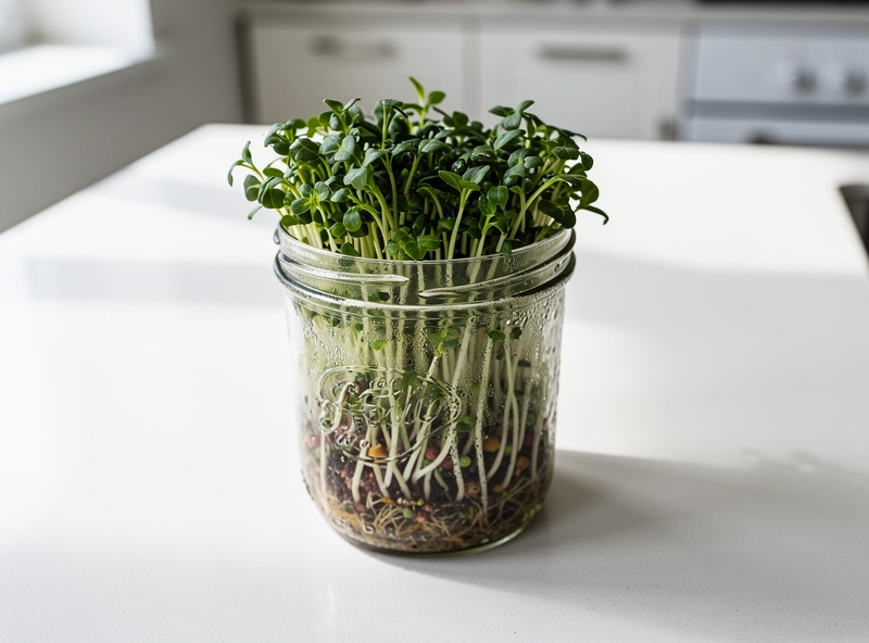 Fresh broccoli sprouts in a clear glass jar, tiny green seedlings with small leaves on clean white counter
