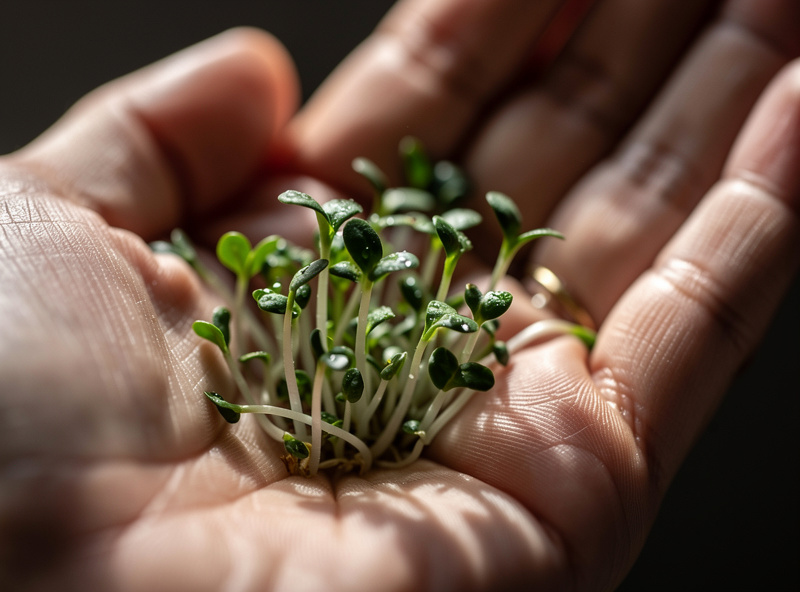 Close-up of fresh broccoli sprouts in palm showing tiny green stems and leaves with dramatic lighting