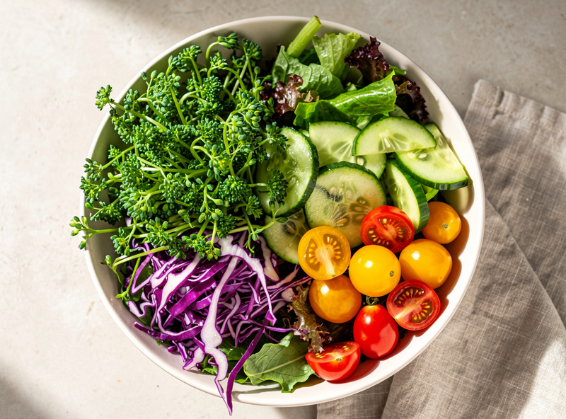 Fresh green broccoli sprouts in a salad bowl with colorful vegetables and cherry tomatoes