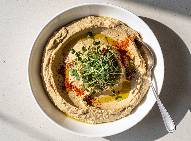 Raw chickpea hummus with fresh chickpea sprouts on top, served in white ceramic bowl with olive oil garnish