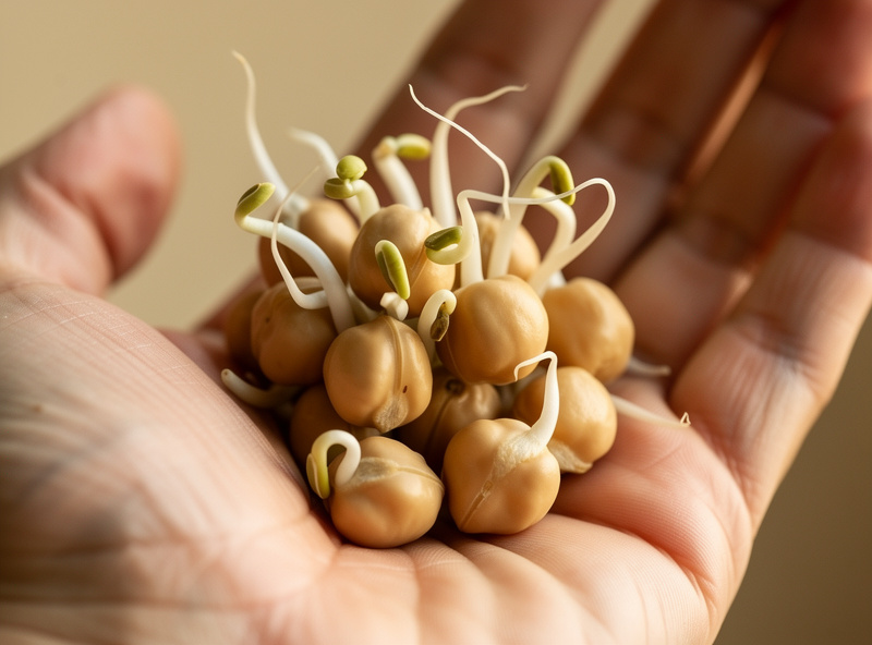Fresh chickpea sprouts in hand showing large beige chickpeas with emerging white roots
