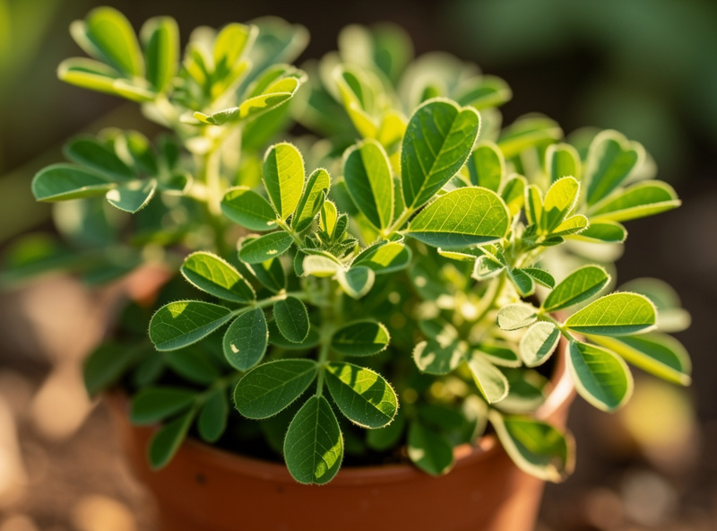 Fenugreek herb plant in a small pot with fresh green leaves, macro garden photography