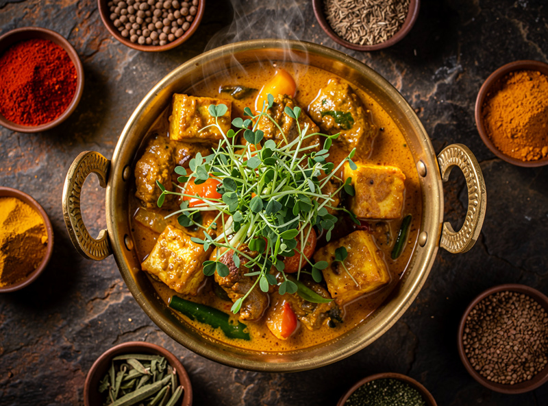 Indian curry dish with fenugreek, colorful spices served in traditional bowl, restaurant food photography