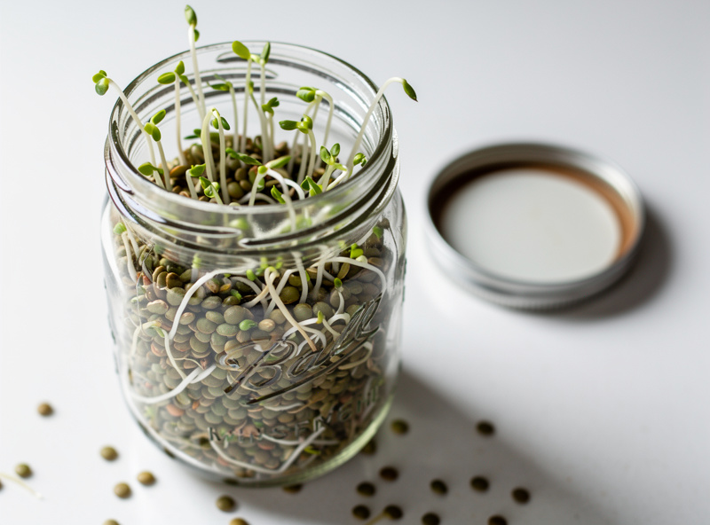 Fresh green lentils sprouting in a clear glass mason jar on a kitchen counter, tiny white roots emerging from the seeds