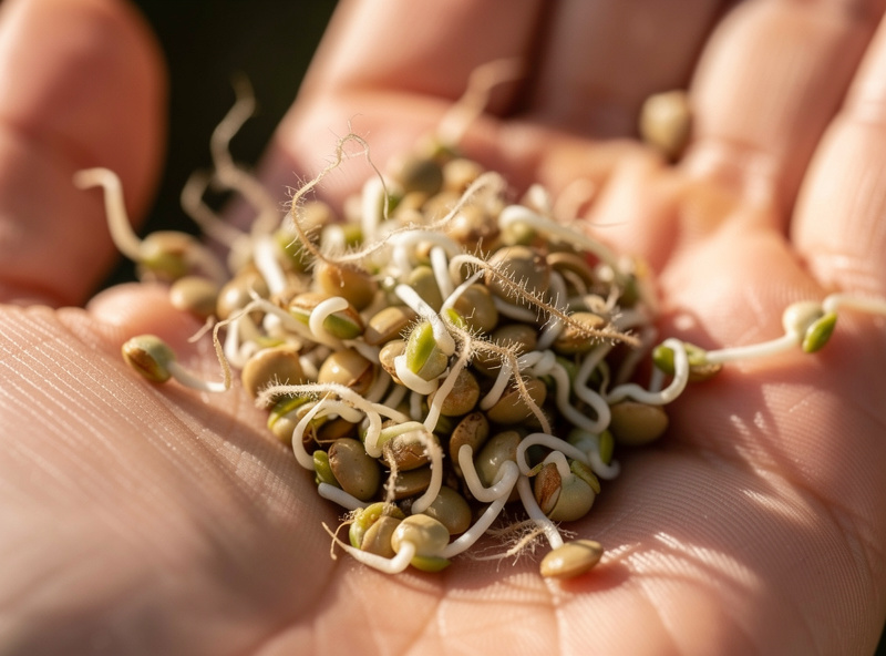 Close-up of fresh lentil sprouts in someone's hand showing the tiny white tails and fuzzy root systems