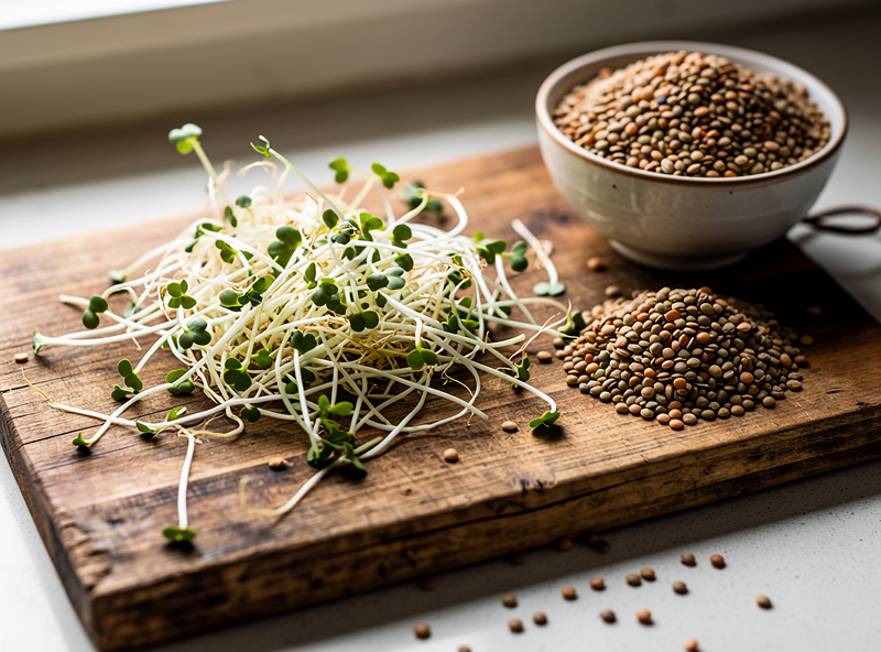 Fresh lentil sprouts scattered on a wooden cutting board next to whole dry lentils, showing variety of sprout stages