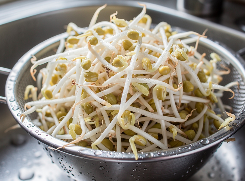 Fresh mung bean sprouts in a colander showing thick white stems and pale yellow color with water droplets