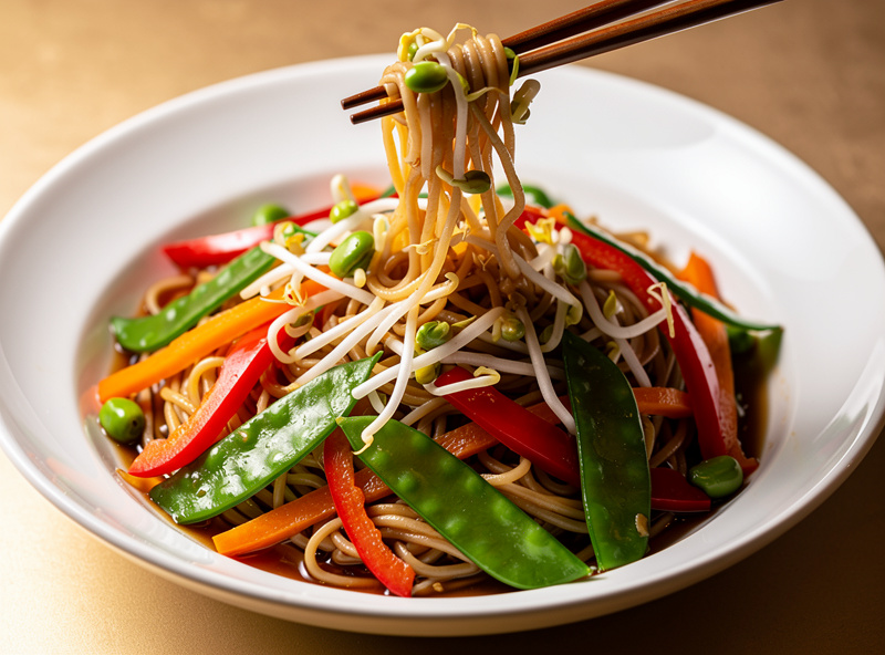 Asian stir-fry dish with fresh mung bean sprouts, colorful vegetables and noodles served in white bowl
