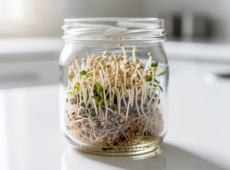 Tiny quinoa sprouts in a clear glass jar, very small white sprouts visible on white kitchen counter