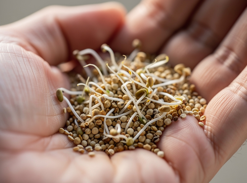 Quinoa grain and sprouts in palm, tiny white quinoa sprouts alongside golden quinoa grains