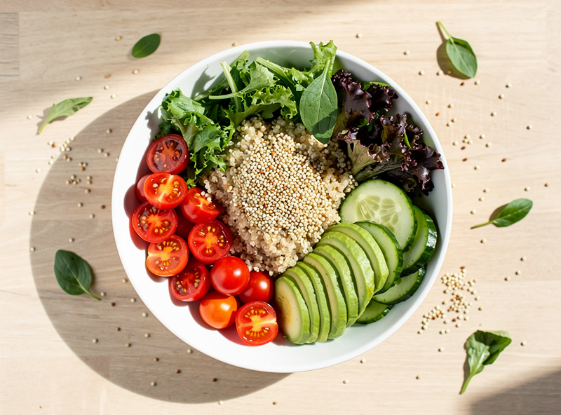 Healthy quinoa salad bowl with fresh vegetables, cherry tomatoes, cucumber, topped with sprouted quinoa