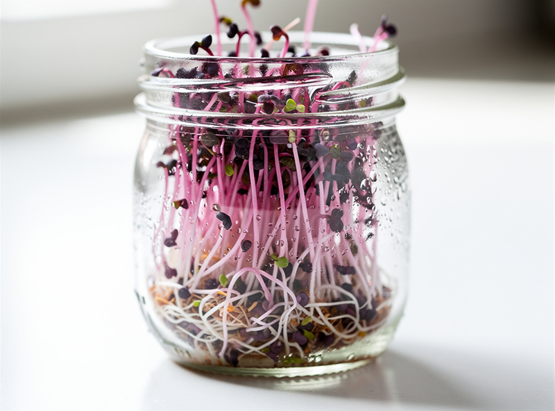 Fresh pink radish sprouts in a clear glass jar, tiny purple and pink sprouts with delicate white roots on white counter
