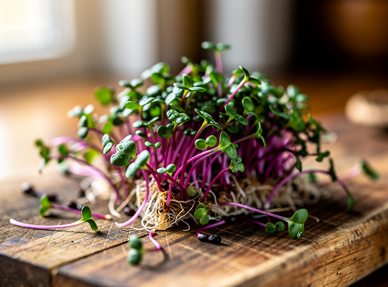 Fresh radish microgreens on wooden cutting board, colorful purple and green sprouts macro photography