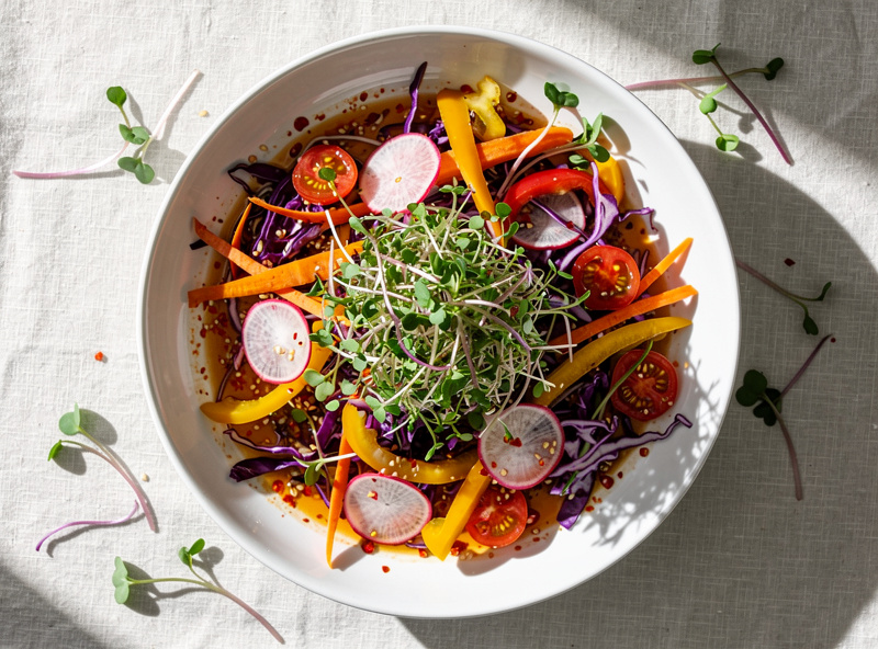 Spicy salad with fresh radish sprouts and microgreens, colorful vegetables, bright fresh food photography