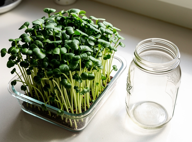 Fresh green sunflower sprouts in a clear glass jar, thick green stems with leaves on kitchen counter