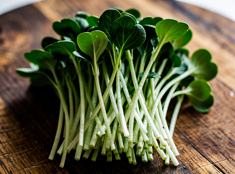 Harvested sunflower microgreens on wooden cutting board, thick green stems with dark green leaves