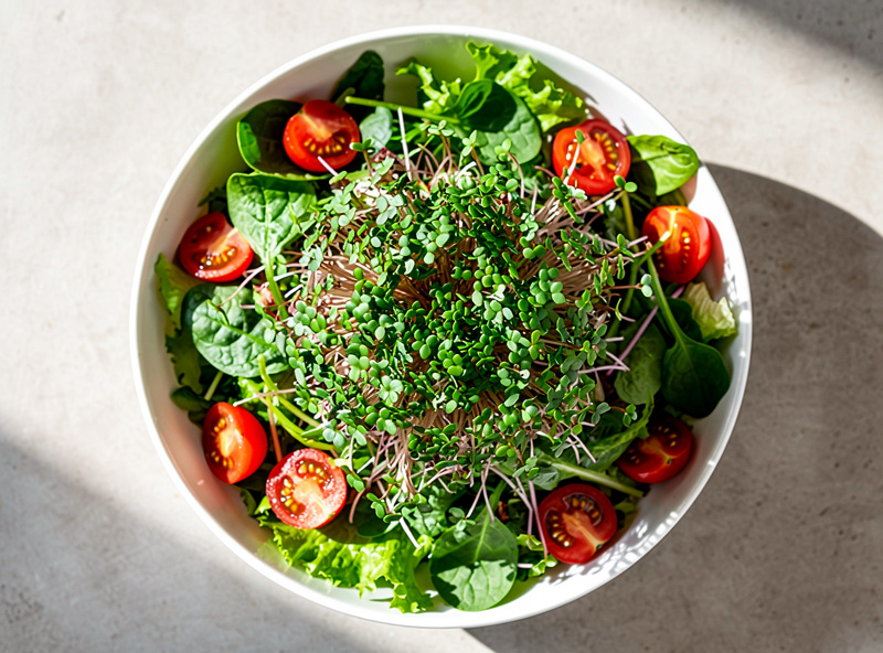 Fresh green sunflower microgreens in a salad bowl with cherry tomatoes and mixed greens