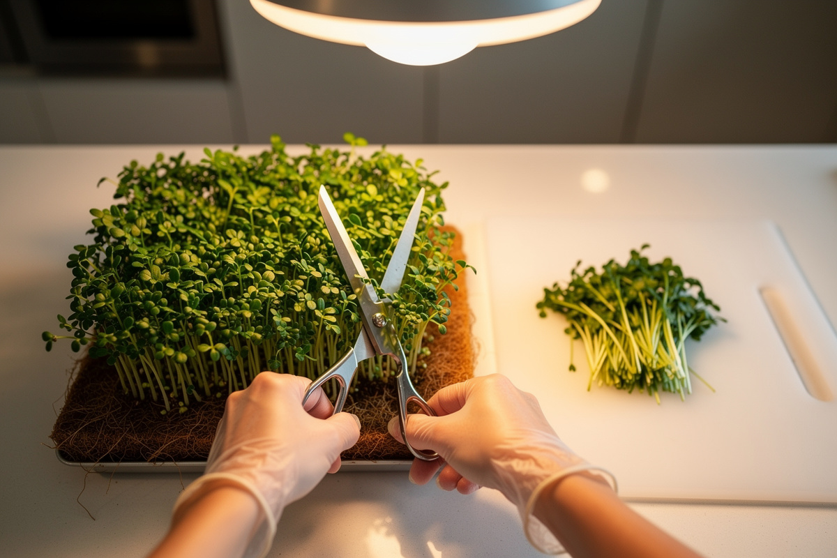 Hands harvesting hydroponic broccoli microgreens with stainless steel scissors