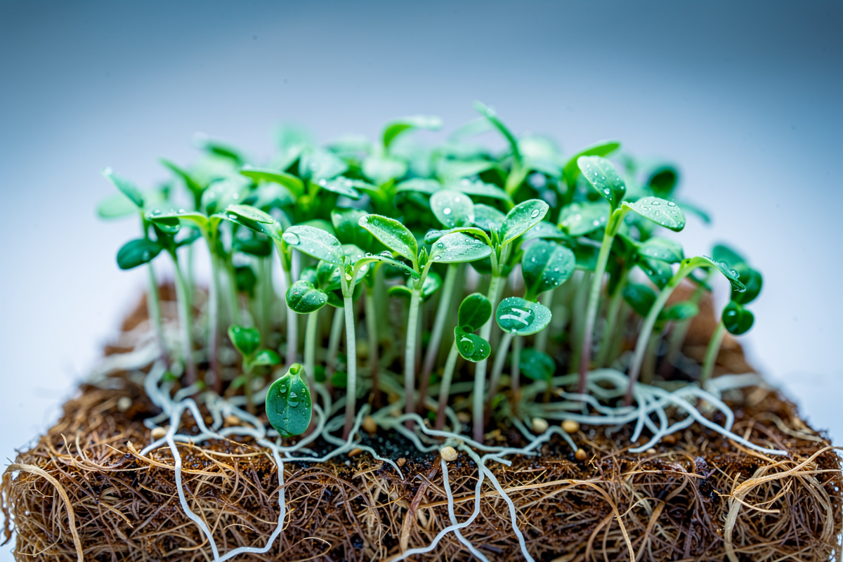 Close-up of pea shoot microgreens growing on a hemp wicking mat with visible root hairs