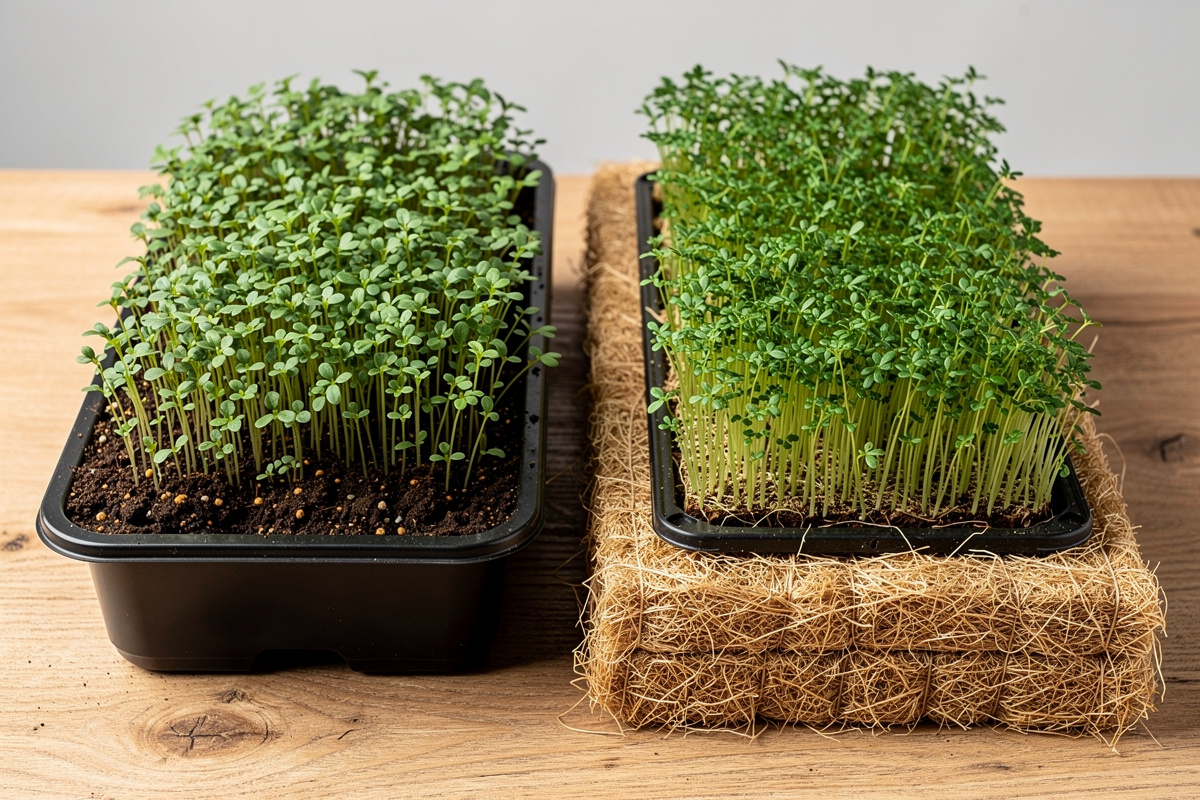 Side-by-side comparison of identical radish microgreen trays grown in soil versus hydroponic mat