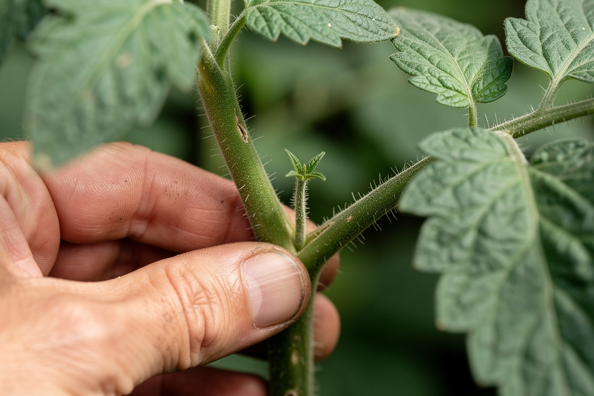 Close-up of gardener pinching off a small tomato sucker shoot growing in the leaf axil of an indeterminate tomato plant