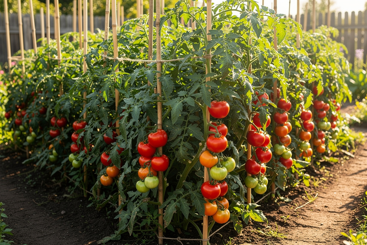 Long row of staked indeterminate tomato vines reaching 8 feet high in a sunny backyard vegetable garden
