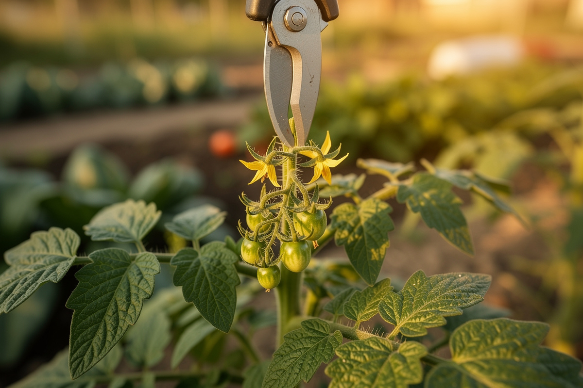 Top of an indeterminate tomato plant being topped with garden pruners above the topmost flower truss